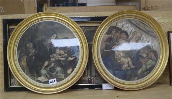 A pair of Edwardian giltwood and gesso circular picture frames, diameter 34cm and an 18th century engraving